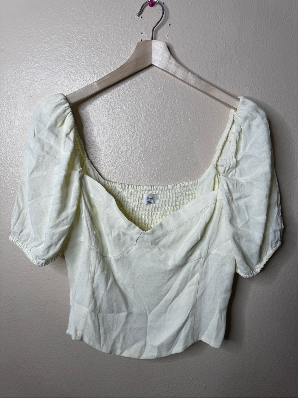 Wilfred Womens 2XL Blouse Light Yellow Puff Sleeve Sweetheart Smocked Crop Top N